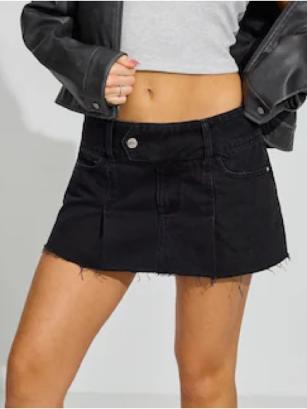 Black Denim Mini Skirt - Casual Frayed Hem